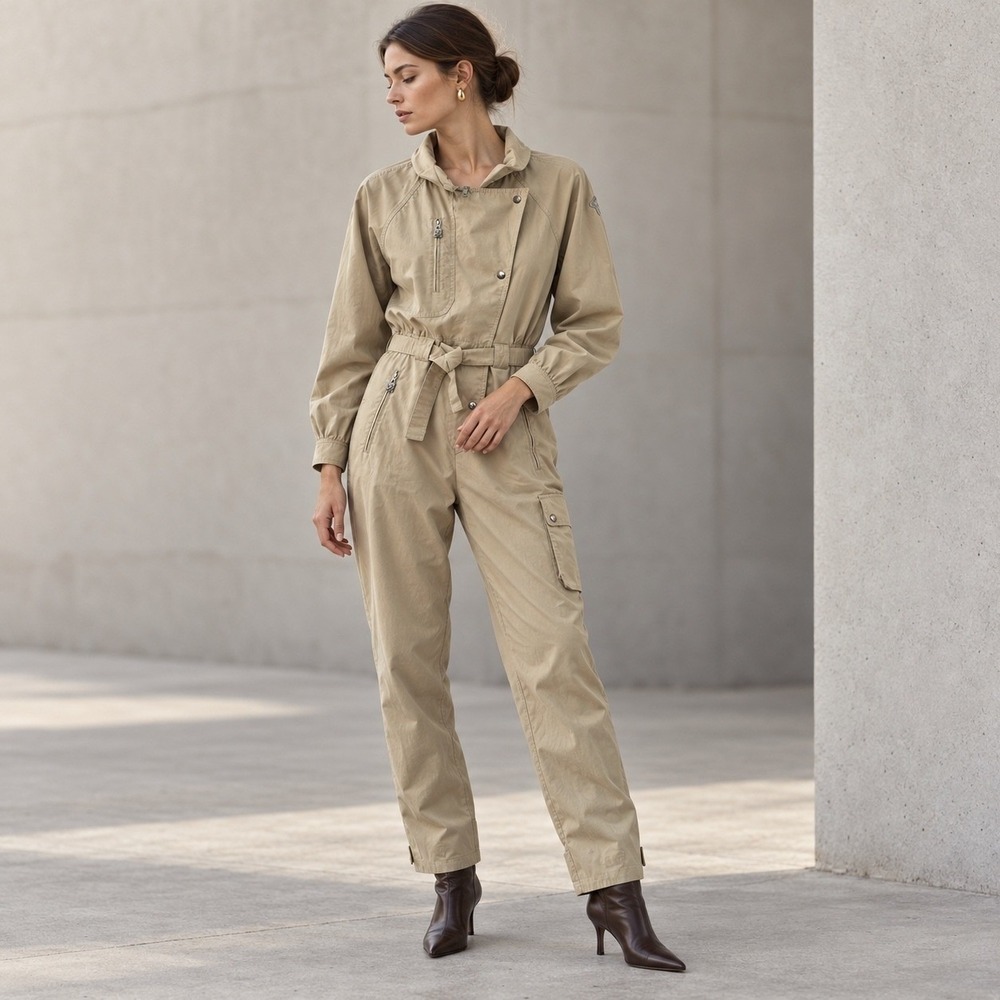 Vintage 80s Schöffel Womens 38 Khaki Utility Jumpsuit Belted Safari Ski Suit
